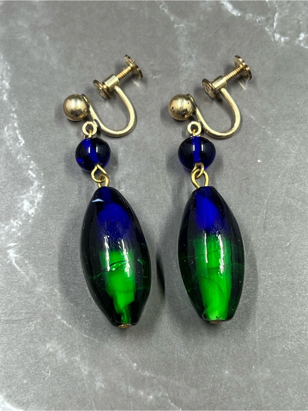 Vintage 1/20 14K Green & Blue Glass Dangle Earrings